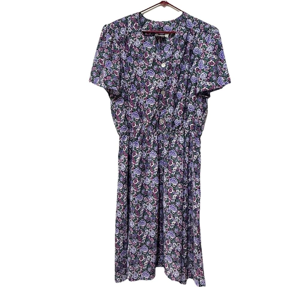 Vintage J.B Too 80s Dress 22W Floral Purple Green Button Front Midi Short Sleeve
